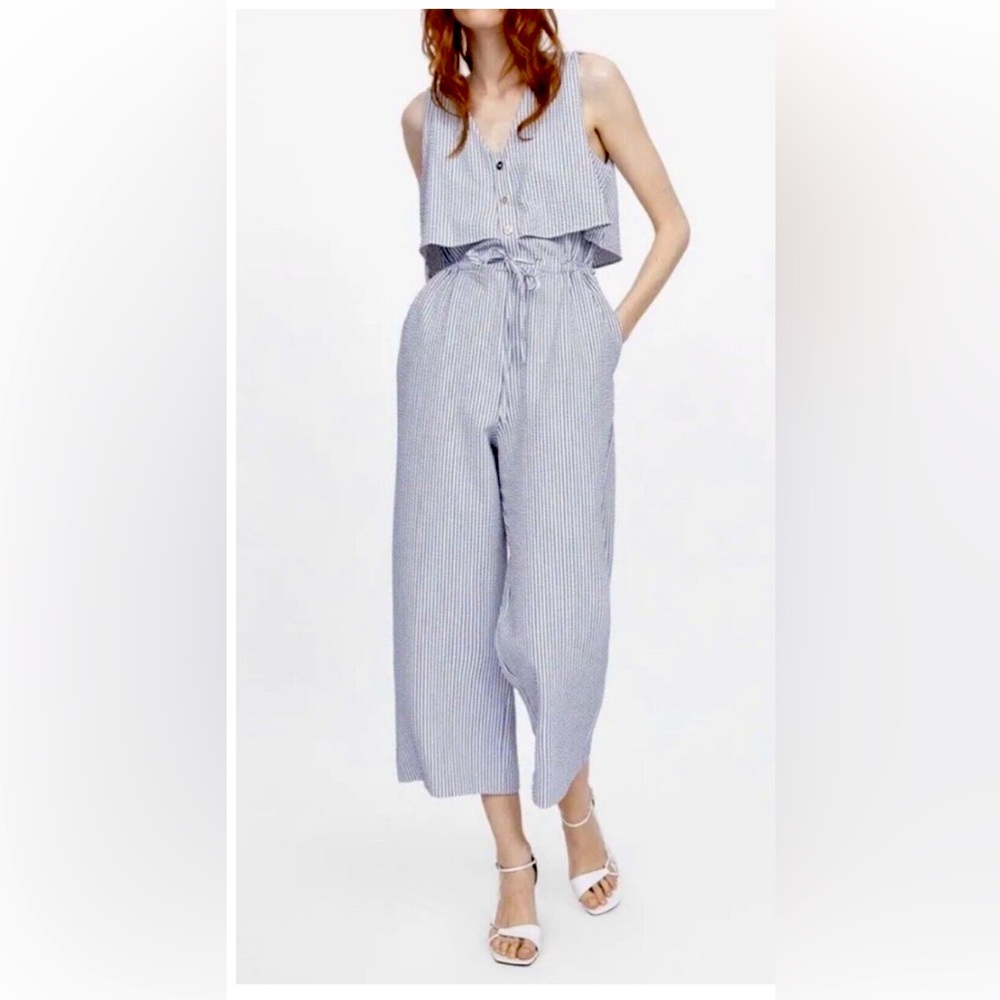 ZARA Womens S Blue White Striped Sleeveless Popover Wide Leg Casual Jumpsuit